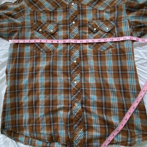 Wrangler Western Men’s Sz Large Plaid Pearl Snap Button Up Shirt Brown Blue - Picture 4 of 7